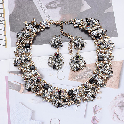 Flower Alloy Rhinestone Chain Necklaces & Stud Dangle Earrings Sets FS-WG8AADA-01-1