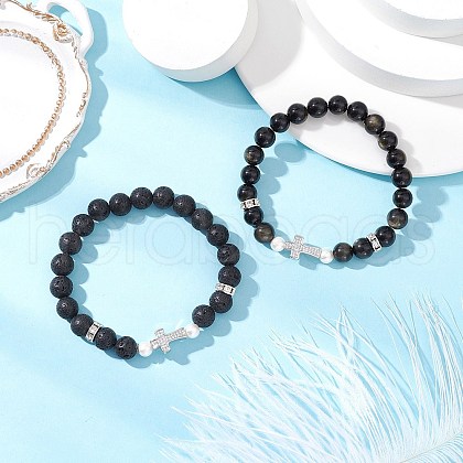 2Pcs Natural Lava Rock & Golden Sheen Obsidian Round Beads Stretch Bracelets BJEW-JB11807-1
