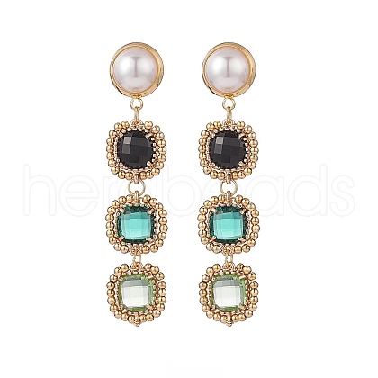 Glass Rectangle Beaded Long Dangle Stud Earrings with Imitation Pearl EJEW-TA00141-01-1