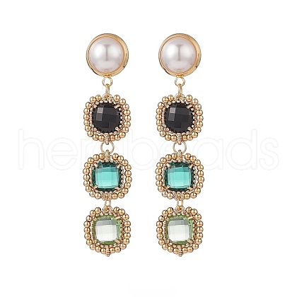 Glass Rectangle Beaded Long Dangle Stud Earrings with Imitation Pearl EJEW-TA00141-01-1