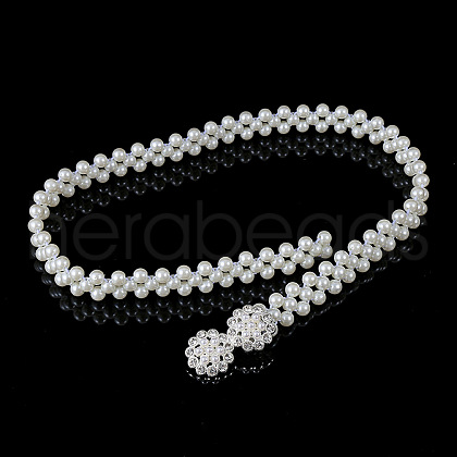 White Acrylic Imitiaotn Pearl Beaded Elastic Chain Belts with Alloy Buckles WGEAB88-07-1