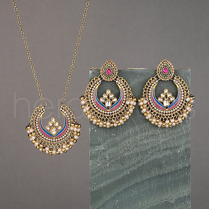 Teardrop & Ring Alloy & Plastic Pearl Enamel Pendant Necklace & Stud Dangle Earrings Sets FS-WG36BCF-04-1