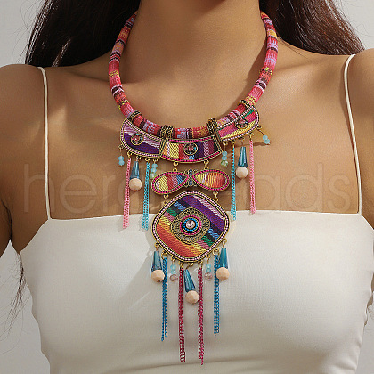 Bohemian Style Alloy Rose Rhinestone and Dyed Feather & Polyester Cloth Rhombus Statement Bib Necklaces for Women FS-WGC08FA-01-1