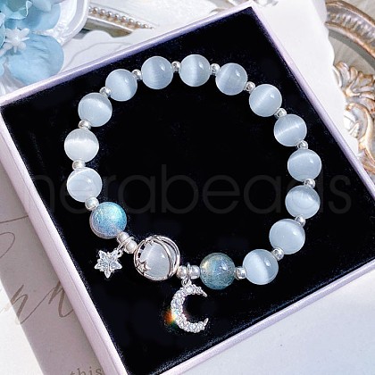Moon Alloy Cat Eye & Natural Moonstone Round Beaded Charm Bracelets WG18D49-05-1