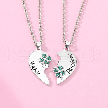 2Pcs Mother's Day Heart Alloy Indicolite Rhinestone Mother and Daughter Pendant Necklaces FS-WG01266-01-1