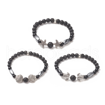 3Pcs 3 Style Natural Lava Rock & Black Onyx Beaded Stretch Bracelets Set BJEW-JB09237-1