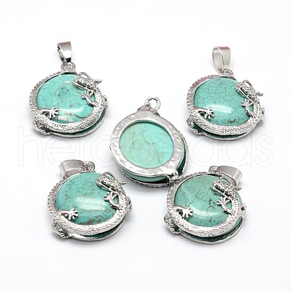 Flat Round with Dragon Platinum Tone Brass Synthetic Turquoise Pendants G-F228-24B-RS-1