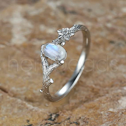 Oval & Flower Zinc Alloy with Natural Moonstone Finger Rings for Women FS-WG00FFC-04-1