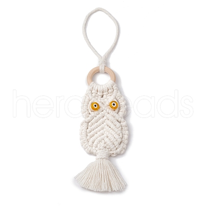 Handmade Woven Cotton Macrame Owl Pendant Decorations HJEW-JM02827-1