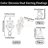 CREATCABIN 6 Pairs Leaf Shape Brass Cubic Zirconia Stud Earring Findings KK-CN0003-20P-2