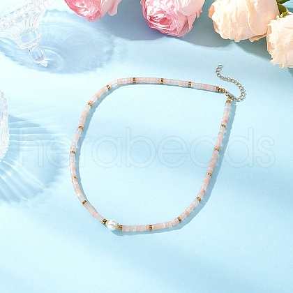 Round Shell Pearl & Natural Pink Aventurine Heishi Beaded Necklaces NJEW-JN05300-03-1