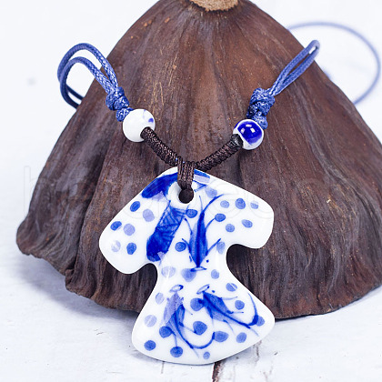 Retro Ethnic Porcelain Pendant Adjustable Polyester Cord Necklaces for Women FS-WGD020A-02-1