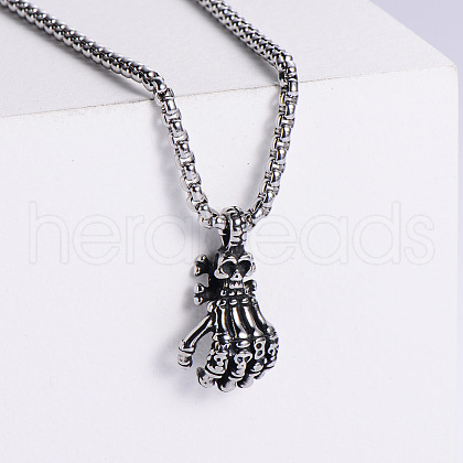 Cool Punk Stainless Steel American Hip-hop Street Style Skull Hand Pendant Necklaces YV0180-1-1
