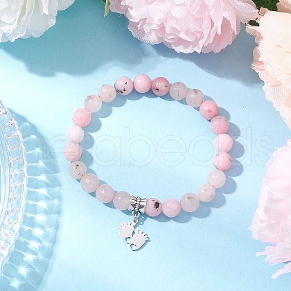 Mother's Day Natural Plum Blossom Jasper Beaded Charm Bracelets BJEW-TA00611-1