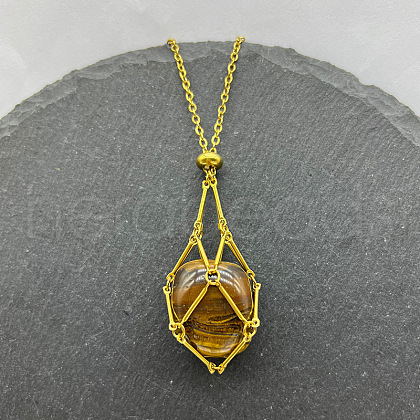 Natural Tiger Eye Nuggets Macrame Pouch Pendant 201 Stainless Steel Chain Necklaces FS-WG7A779-17-1