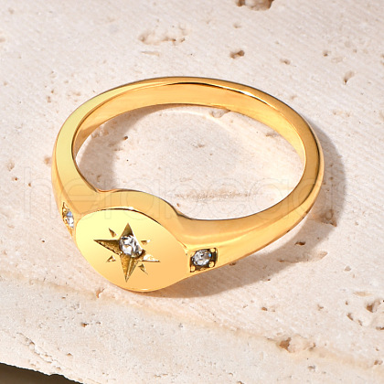 Flat Round with Star Pattern 304 Stainless Steel Micro Pave Clear Cubic Zirconia Finger Rings FS-WG7CEF6-02-1