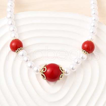 Brass & ABS Imitation Pearl Round Graduated Beaded Necklaces NJEW-D314-03G-1