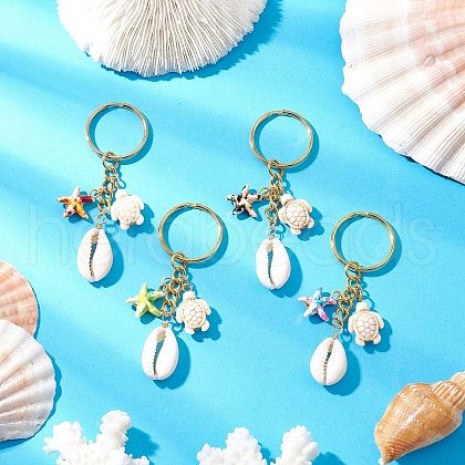Synthetic Turquoise with Natural Mixed Cowrie Shell Keychain KEYC-JKC01266-1