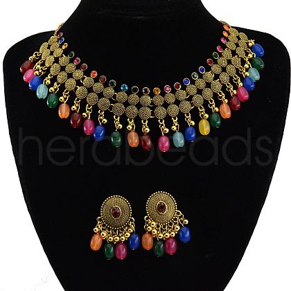 Oval Bohemian Style Alloy with Resin Tassel Pendant Necklace & Stud Earring Sets FS-WGB129C-05-1