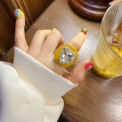 Heart Resin & Crystal Rhinestone & Glass Finger Rings FS-WGE223F-03-1