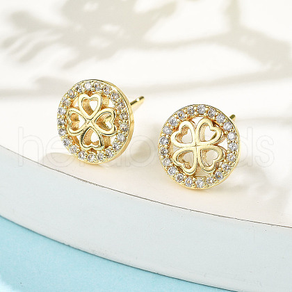 Flat Round with Clover Brass Micro Pave Clear Cubic Zirconia Stud Earrings EJEW-H162-01G-1