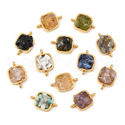 Natural Mixed Gemstone Chip 304 Stainless Steel Square Connector Charms KK-P300-14G-1