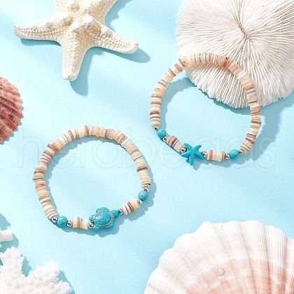 2Pcs Starfish & Tortoise Natural Freshwater Shell with Synthetic Turquoise Beads Stretch Bracelets for Men Women BJEW-JB11745-1