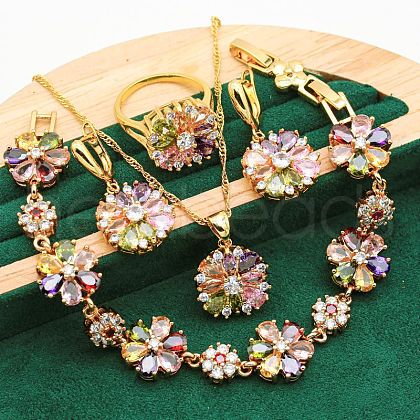 Flower Brass Pave Cubic Zirconia Pendant Necklaces & Earring & Ring & Link Bracelets Sets for Women FS-WGF337B-01-1