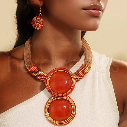 Flat Round Alloy with Aluminium Wire Wrapped Resin Pendant Necklace & Dangle Earrings Sets FS-WGE917F-02-1