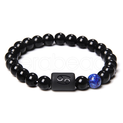 12 Constellations Protetion Natural Lapis Lazuli & Black ObsidianRound Beads Stretch Bracelets for Men Women WG083ED-07-1