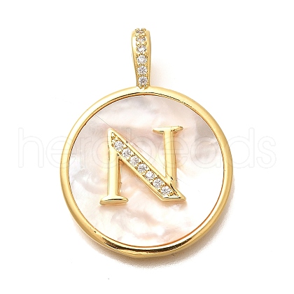 Rack Plating Brass Micro Pave Clear Cubic Zirconia Pendants with Shell KK-M309-42G-N-1