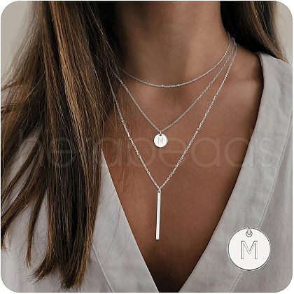 3Pcs Simple Style Brass Coin Letter Rectangle Pendant 3 Layer Necklaces FS-WG4BDA4-34-1