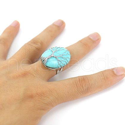 Copper Wire Wrapped Synthetic Turquoise with Alloy Finger Rings FS-WG01E85-08-1