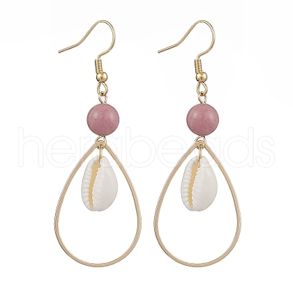Brass with Natural Cowrie Shell with Natural Rhodonite Dangle Earring EJEW-JE06053-1