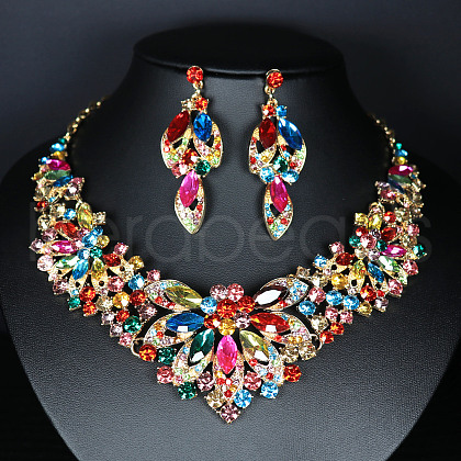 Flower Alloy Glass Rhinestone Pendant Necklace & Stud Dangle Earring Sets FS-WG74144-04-1