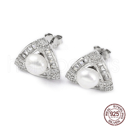 Rhodium Plated 925 Sterling Silver Micro Pave Cubic Zirconia Triangle Stud Earrings for Women EJEW-F318-02P-1