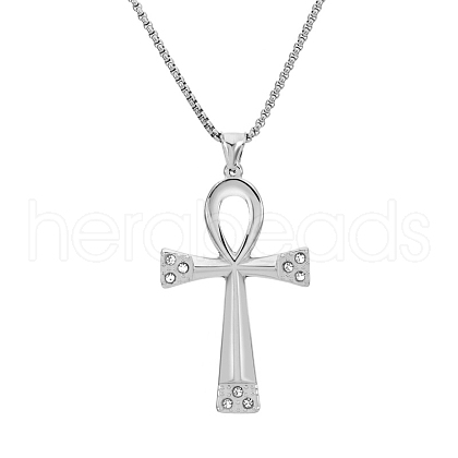 Stainless Steel Crysstal Rhinestone Ankh Cross Pendant Box Chain Necklaces for Men PW-WG356EF-01-1