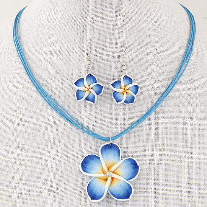 Flower Polymer Clay with Wax Cord Pendant Necklaces & Dangle Earrings Sets FS-WG2CAA9-02-1
