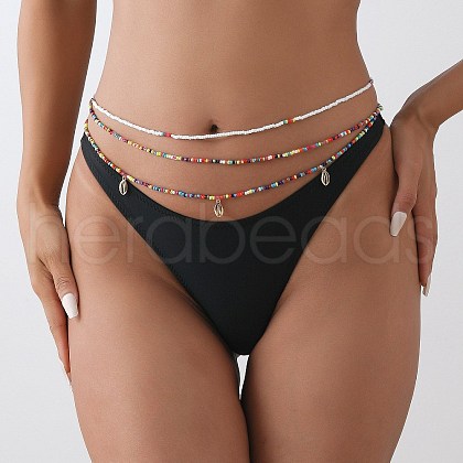 Bohemian Alloy Sea Animal Charm Glass Seed Beaded 3 Layered Waist Belly Stretch Chains for Women FS-WG5D6A5-02-1