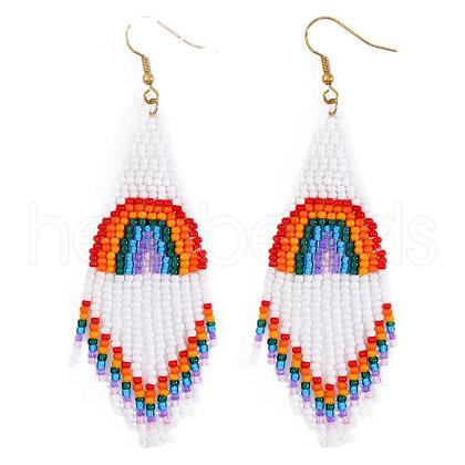 Bohemian Handwoven Rainbow Glass Beaded Tassel Dangle Earrings SB3290-1