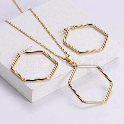 Hexagon 316L Surgical Stainless Steel Pendant Necklaces & Hoop Earrings Sets FS-WG7378B-01-1