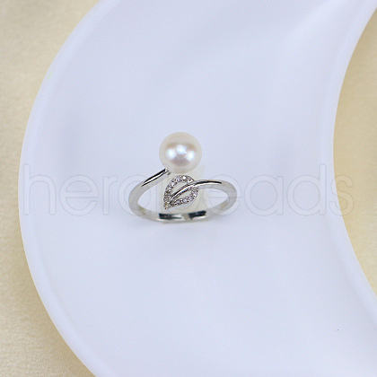 Mother's Day Jewellery Natural Freshwater Pearl with Clear Cubic Zirconia Cuff Rings WGACE42-18-1