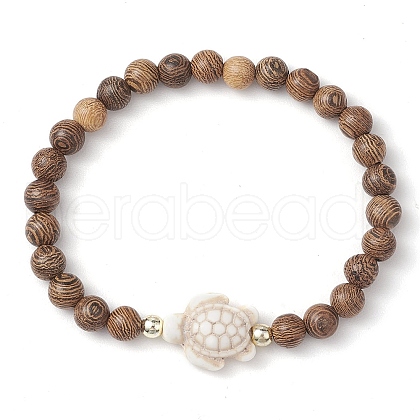Summer Beach Turtle Dyed Synthetic Turquoise & 6.5mm Round Wenge Wood Beaded Stretch Bracelets for Women BJEW-JB10515-02-1