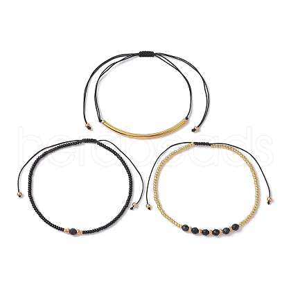 3Pcs 3 Style Seed & Synthetic Blue Goldstone Braided Bead Bracelets Set BJEW-MZ00046-1