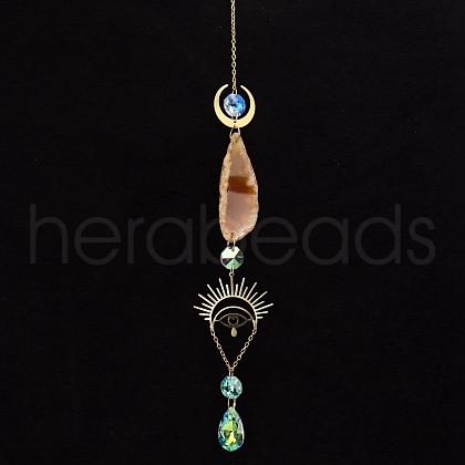 Natural Red Agate Piece & Metal Evil Eye Moon Hanging Ornaments PW-WG66301-06-1