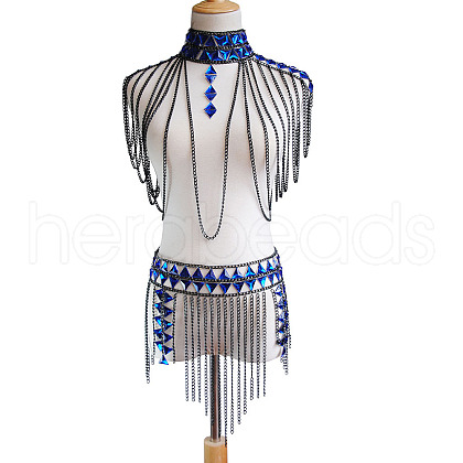 Royal Blue Rhombus Acrylic Alloy Layered Tassel Sexy Suit Body Chains for Bikini FS-WG04712-01-1