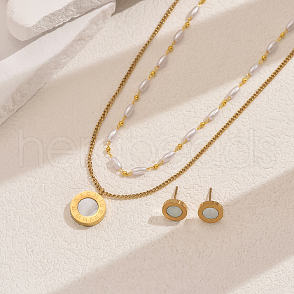 Elegant Stainless Steel Shell Double-layer Necklaces & Stud Earring Set OU9381-1