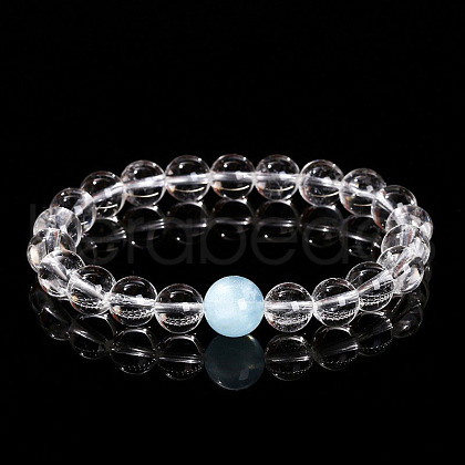Natural Quartz Crystal & AquamarineRound Beads Stretch Bracelets WGD3ECB-03-1