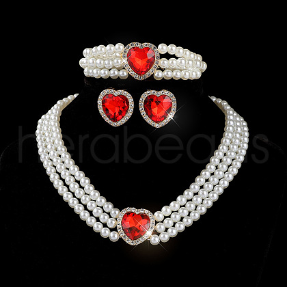 Heart Glass Rhinestone & Plastic Pearl Beaded Necklaces & Stud Earrings & Bracelets Sets FS-WGC950C-01-1