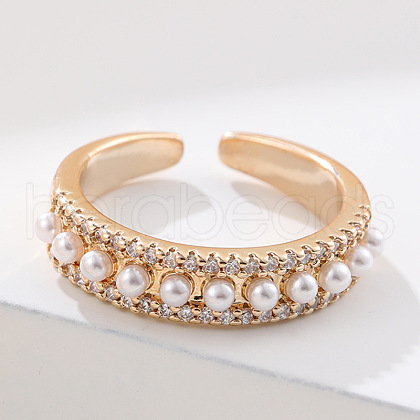 Brass Micro Pave Clear Cubic Zirconia with Plastic Pearl Cuff Rings for Women FS-WGA4F6C-01-1